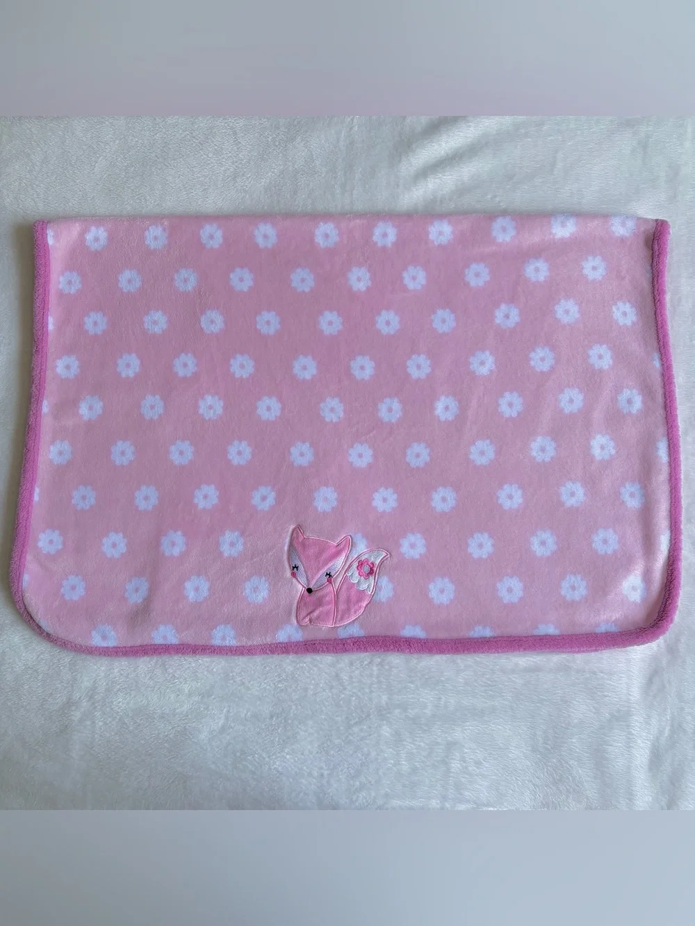 Girls Pink & White Plush Baby Blanket - Floral Print Fox Infant Blanket 30”x40”